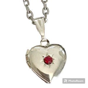 Vintage Silver Heart Locket Necklace Dainty Small Charm 18" Plated Red Stone
